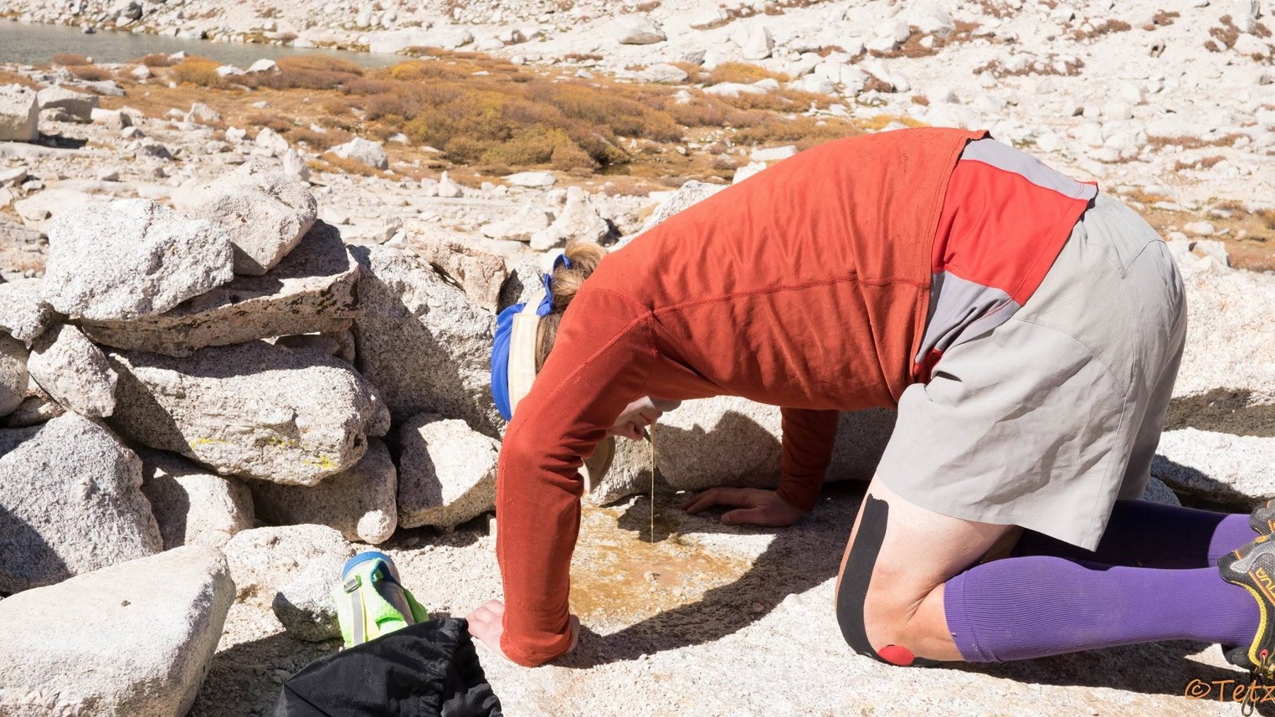 Ryan Tetz is sick on the rocks high on Mount Whitney during his first 2014 Badwater-to-Whitney push