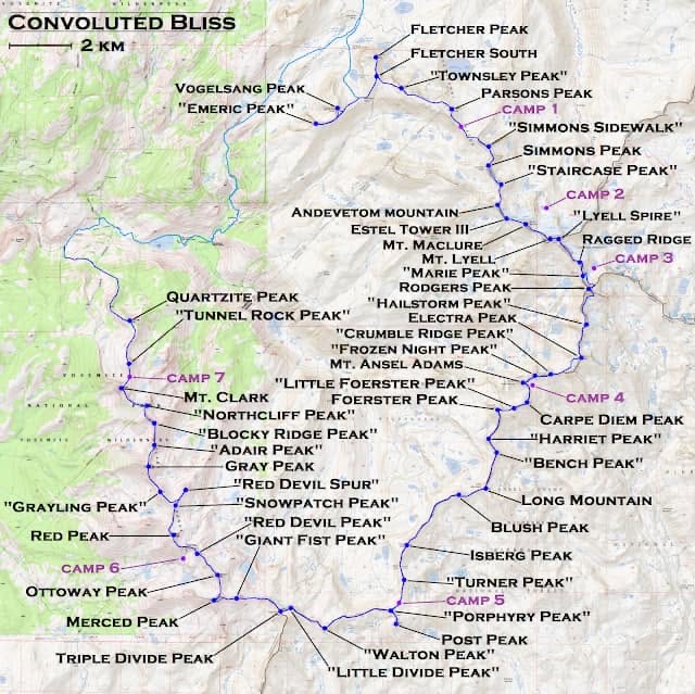 Map of the Convoluted Bliss circuit around Yosemite’s Merced Lake drainage