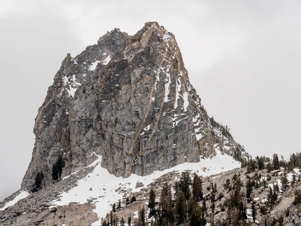 Crystal Crag rises above the Mammoth Lakes basin with snow streaking its dark north face