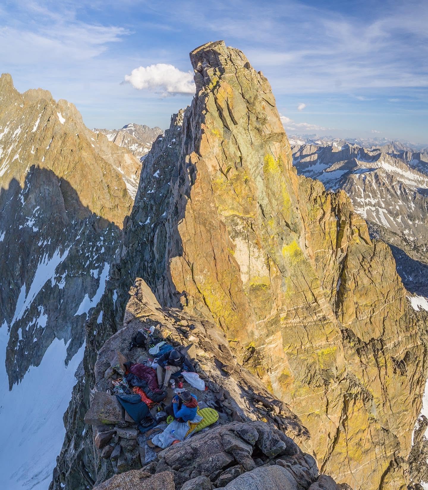 Vitaliy Musiyenko, Ryan Tetz and Sean O’Rourke bivouac on a narrow Palisades ledge during an early Full Monty attempt