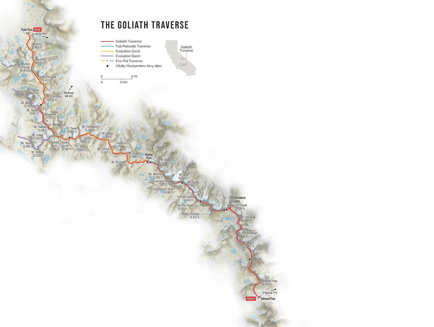 Map of the Goliath Traverse from Taboose Pass north through the Palisades and Evolution crest to Piute Pass, with neighboring traverse lines