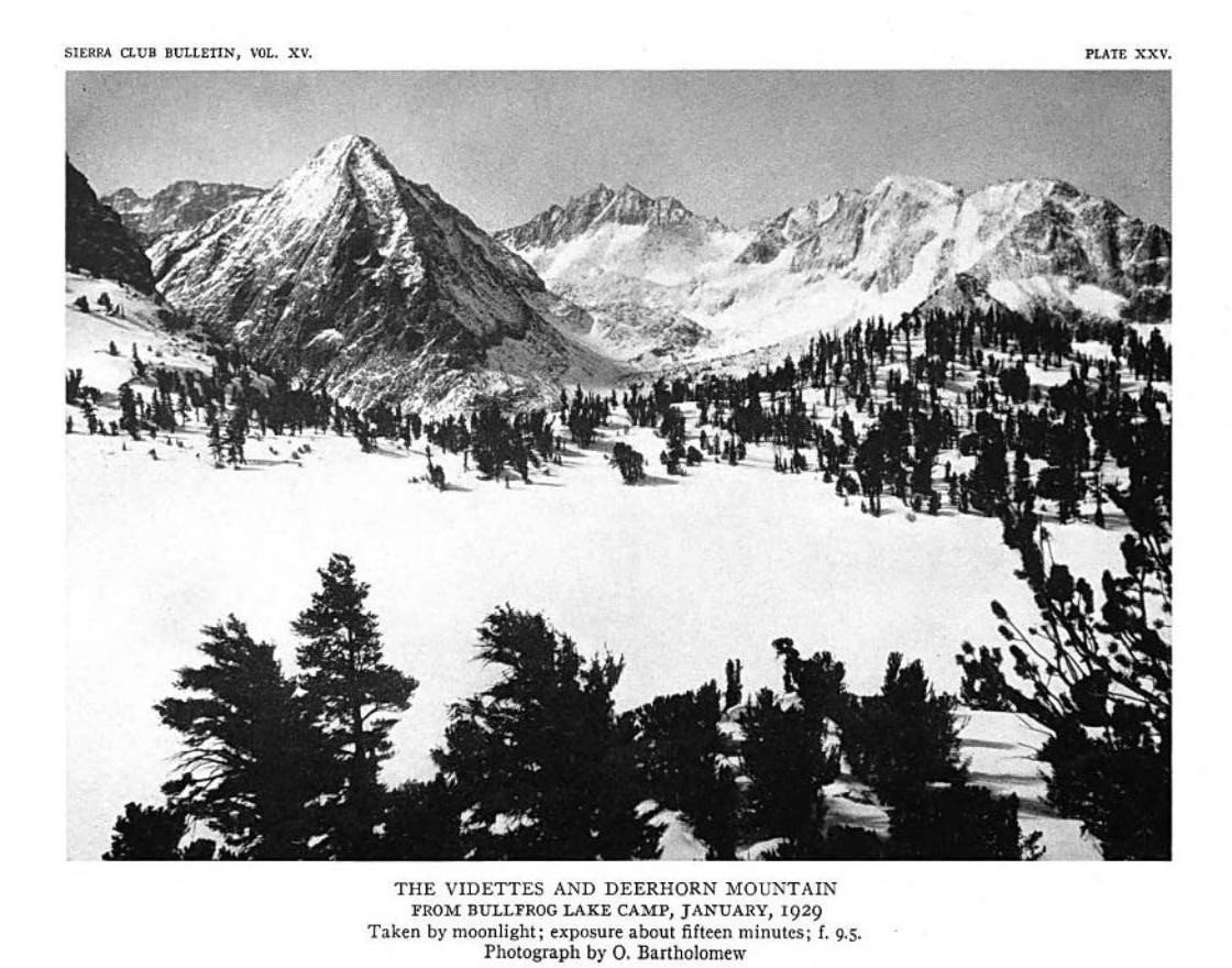 Snow-covered Videttes and Deerhorn Mountain above Bullfrog Lake Camp in January 1929, photographed by moonlight