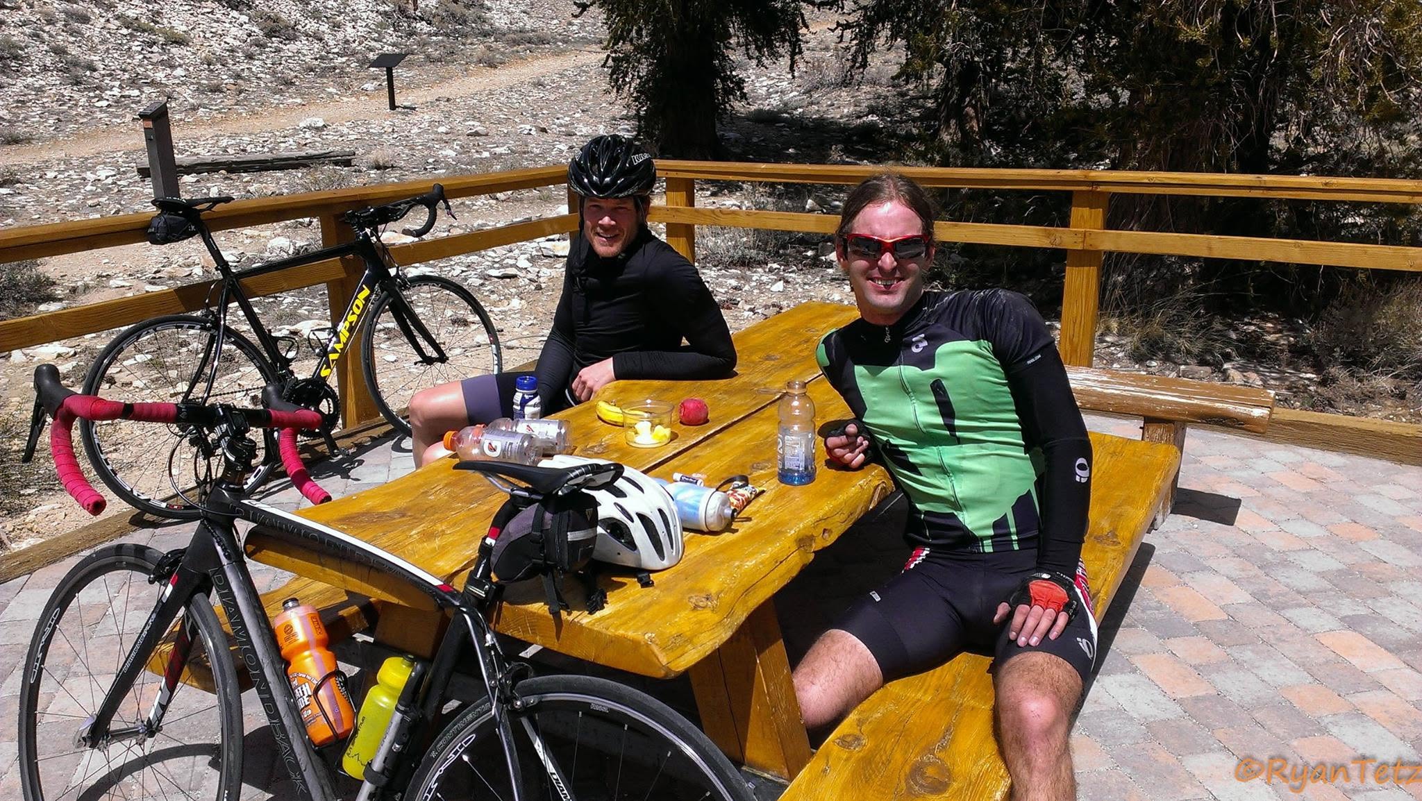 Don Bowie and Ryan Tetz seated beside their road bikes in November 2014