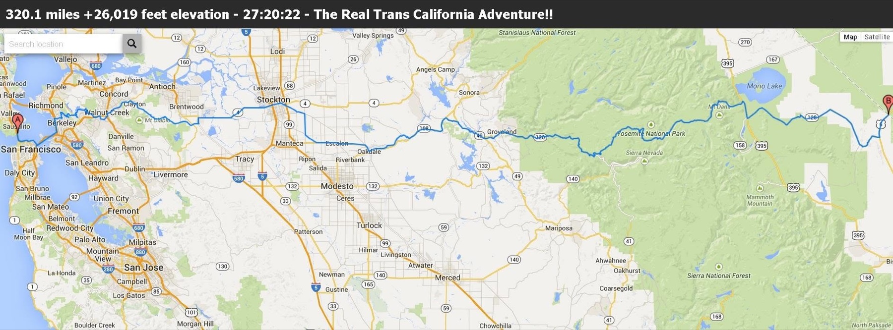 Contemporaneous route map tracing Trans-California Crossing Direct from the Bay Area through Yosemite and Tioga Pass to the Nevada line